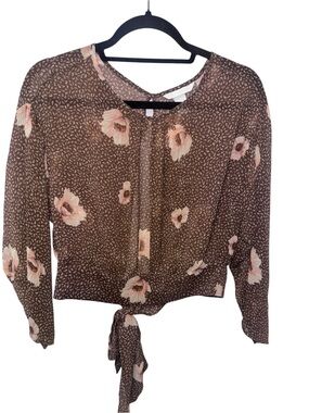 H&M Brown Blouse with Pink Floral Print and Front Tie